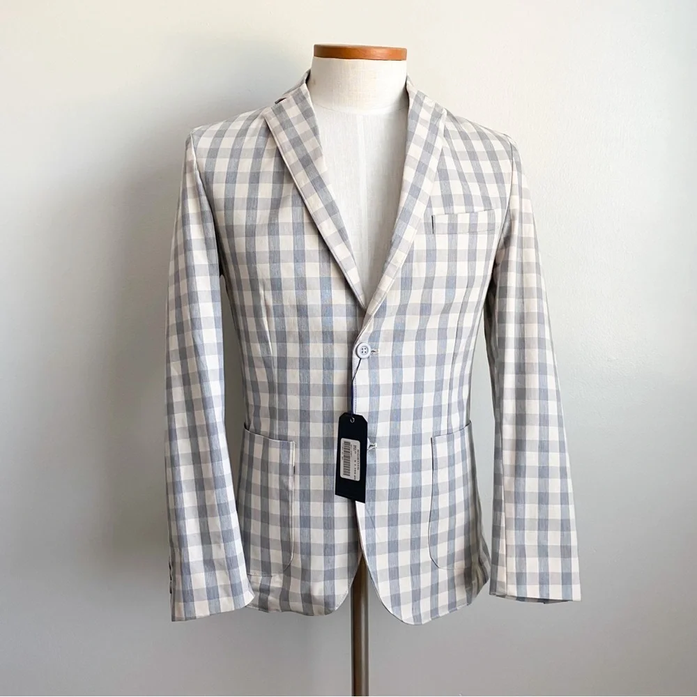 Men's Gray Checkered Blazer Sport Coat Suit Jacket Preppy Cocktail Office Dapper